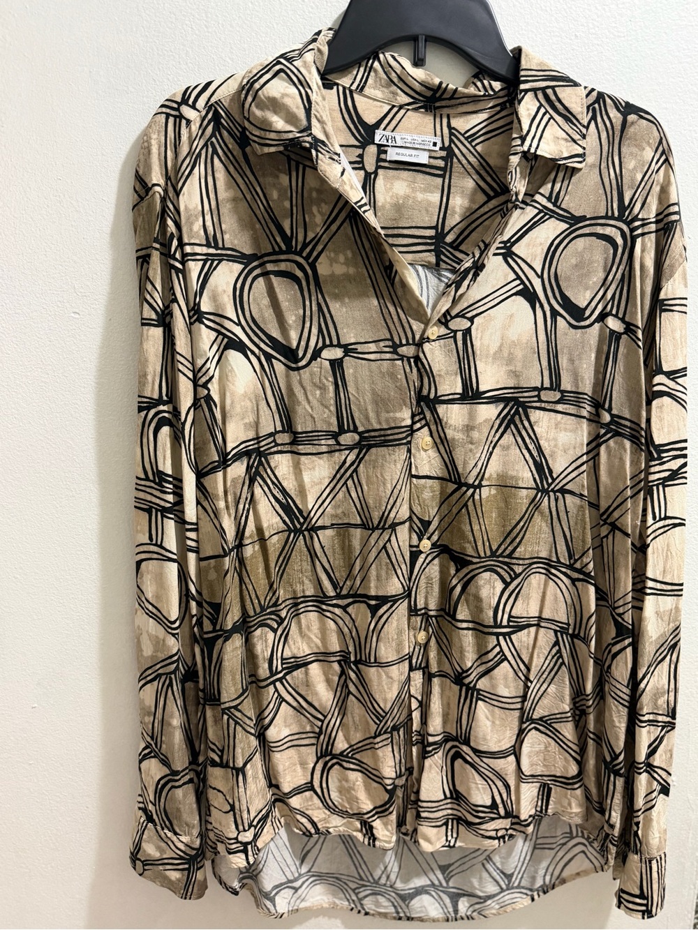 ZARA Beige and Black Abstract Print Button-Down Shirt